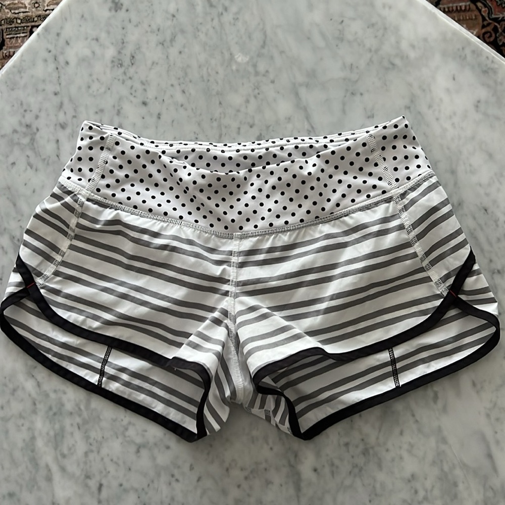 Lululemon running shorts, size 4, white with black polka dots and stripes